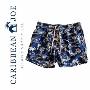 Caribbean Men’s Swim Trunks 2XL Navy Blue Tropical Beach Pocket Elastic Waist
